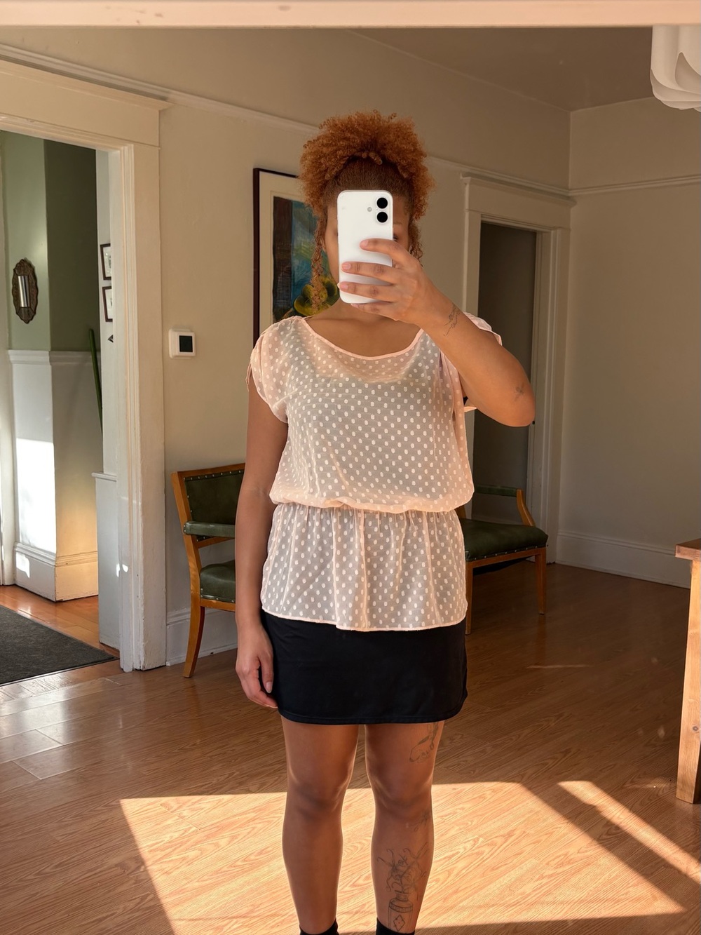 Black Rainn Light Pink Sheer Dot Peplum Blouse